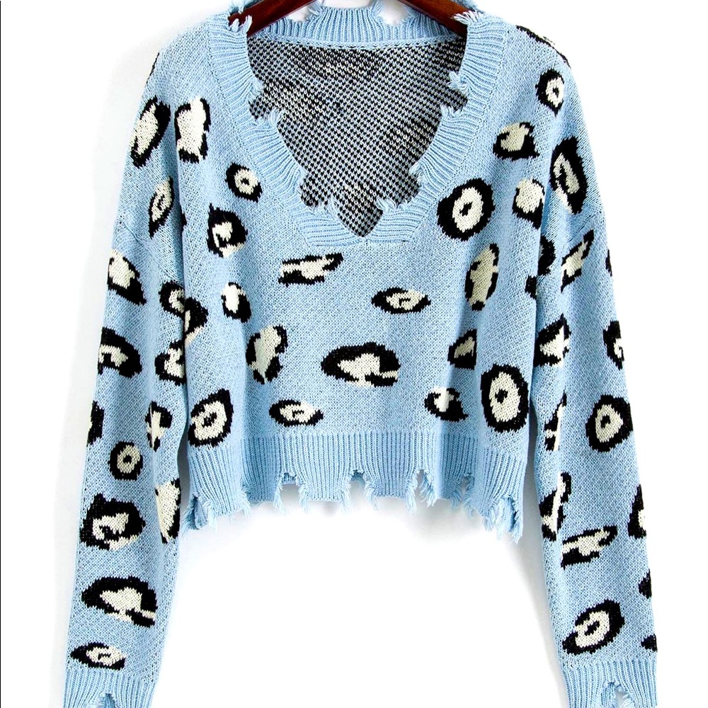 🆕 Leopard Ripped V Neck Crop Sweater - Blue, Large